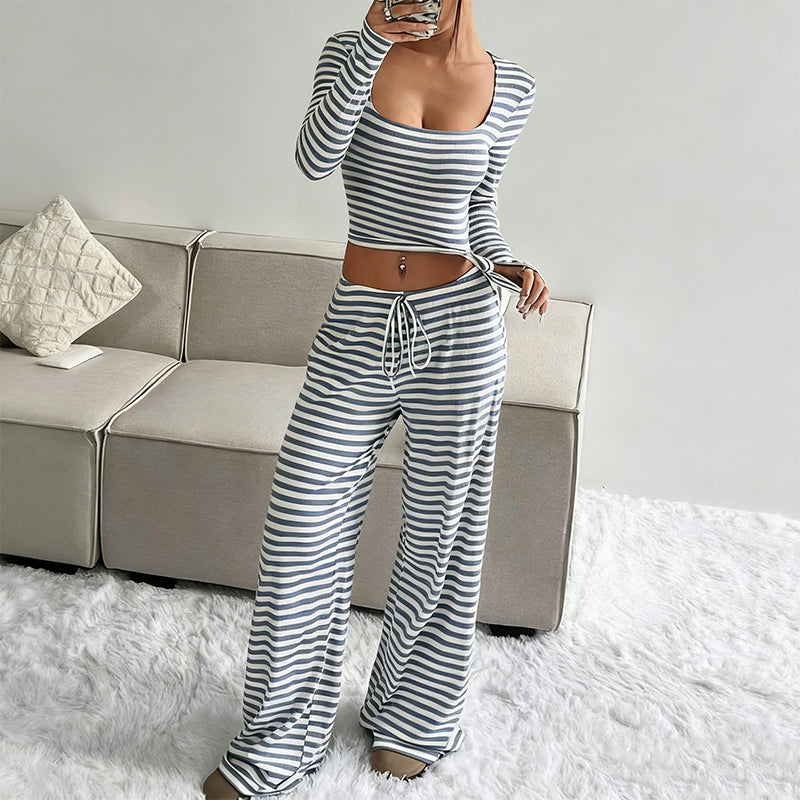 Striped Knit Slim Fit Top & Wide-Leg Pants Set