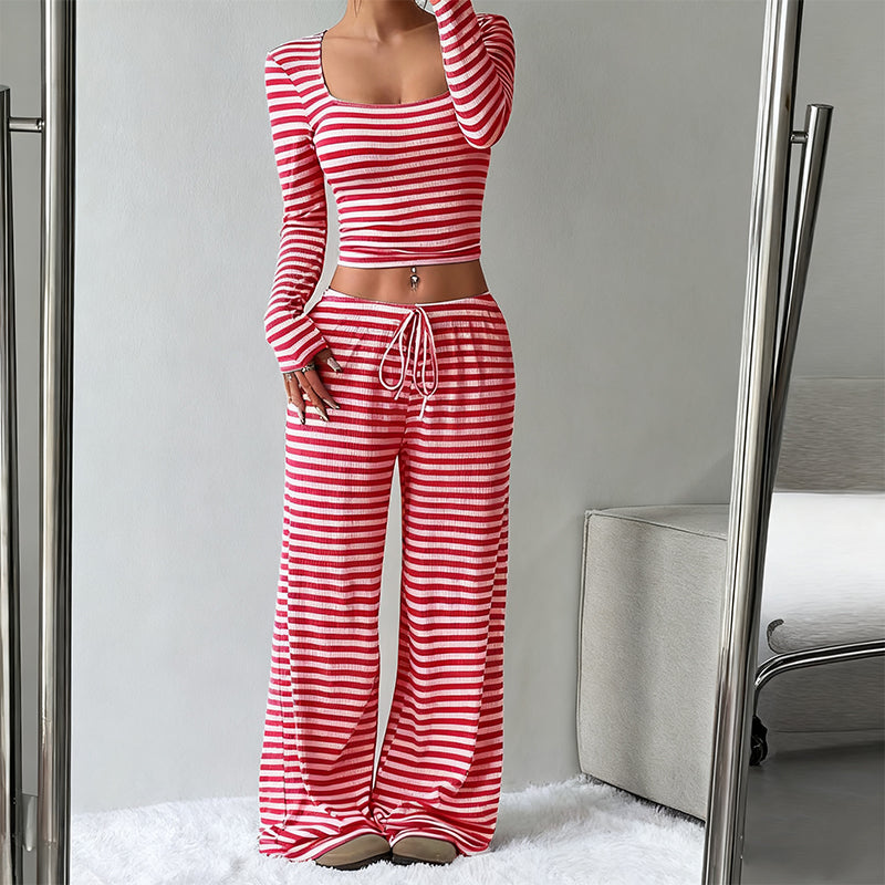 Striped Knit Slim Fit Top & Wide-Leg Pants Set