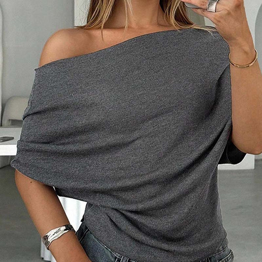 🌺50 % de réduction👚✨Haut asymétrique à épaules dénudées et manches chauve-souris pour femme💞