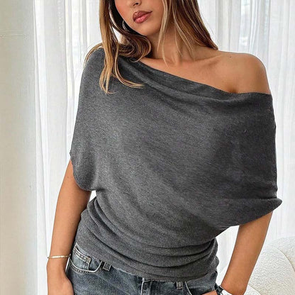 🌺50 % de réduction👚✨Haut asymétrique à épaules dénudées et manches chauve-souris pour femme💞